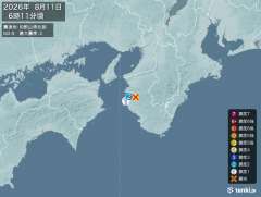 6時11分ごろ、Ｍ２．９　和歌山県北部 北緯34.0度　東経13