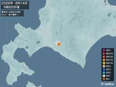 5時20分ごろ、Ｍ２．２　日高地方西部 北緯42.7度　東経14
