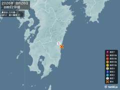 8時52分ごろ、Ｍ２．０　日向灘 北緯32.0度　東経131.5