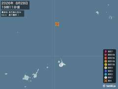 19時11分ごろ、Ｍ４．５　宮古島北西沖 北緯26.0度　東経1