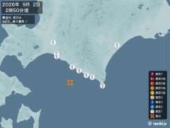 2時50分ごろ、Ｍ４．１　浦河沖 北緯42.0度　東経142.3