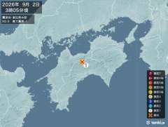 3時5分ごろ、Ｍ２．９　高知県中部 北緯33.8度　東経133.