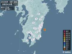 8時24分ごろ、Ｍ４．０　日向灘 北緯31.9度　東経131.7