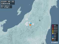 22時34分ごろ、Ｍ３．５　福島県会津 北緯37.2度　東経13