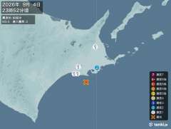 23時52分ごろ、Ｍ３．５　釧路沖 北緯42.8度　東経144.