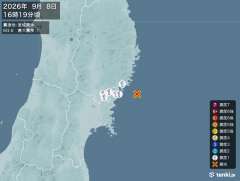16時19分ごろ、Ｍ３．６　宮城県沖 北緯38.9度　東経142