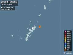 4時14分ごろ、Ｍ３．８　沖縄本島近海 北緯26.8度　東経12