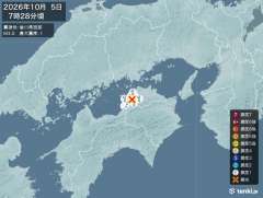 7時28分ごろ、Ｍ３．０　香川県西部 北緯34.2度　東経133