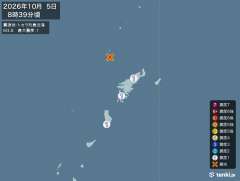 8時39分ごろ、Ｍ３．８　トカラ列島近海 北緯28.7度　東経1