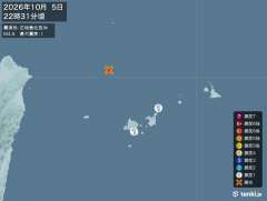 22時31分ごろ、Ｍ４．６　石垣島北西沖 北緯25.1度　東経1