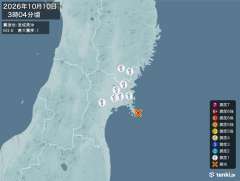 3時4分ごろ、Ｍ３．６　宮城県沖 北緯38.3度　東経141.6