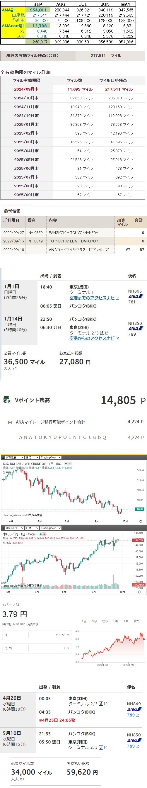 【ANAマイル】 累計獲得970,011M→716,000M搭乗