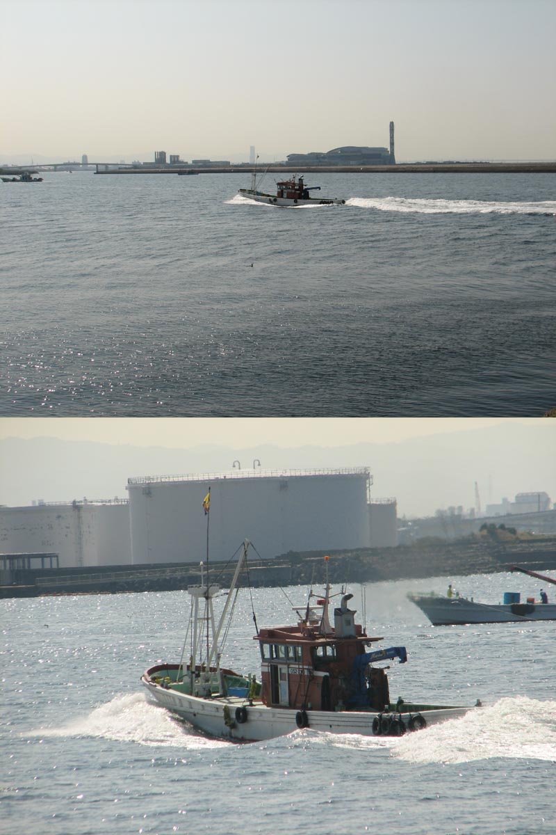 排気で靄がかかる程すっ飛ばして行く漁船を激撮！  そんなに急いで